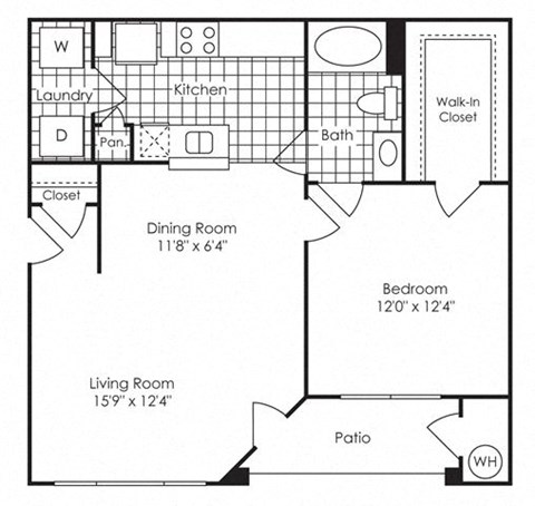 1-bedroom/1-bathroom floor plan layout with 724 square feet at Evergreens at Mahan apartments for rent in Tallahassee, FL
